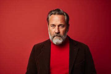 Portrait of a handsome senior man on a red background. Studio shot.