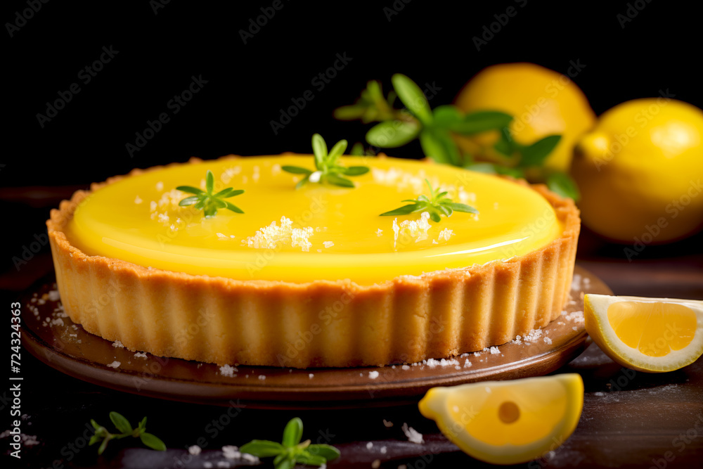 Wall mural closeup small piece lemon tart and lemons on the table with dark background. bakery food