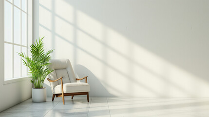 Fototapeta premium interior of a room with a chair,Modern minimalist interior with an armchair on empty white color wall background
