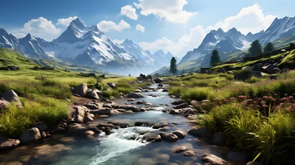 Foto auf Acrylglas Waldfluss Panoramic view of a mountain river flowing through a valley.