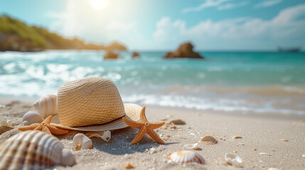Fototapeta na wymiar hat and sunglasses on beach