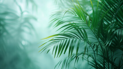 palm tree leaves,blurry palm leaves against grey background light emerald green - obrazy, fototapety, plakaty