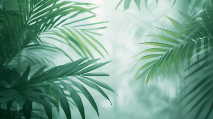 Fototapeta na wymiar palm leaves background,blurry palm leaves against grey background light emerald green, soft light and shadows