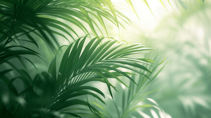 palm leaves background,blurry palm leaves against grey background light emerald green