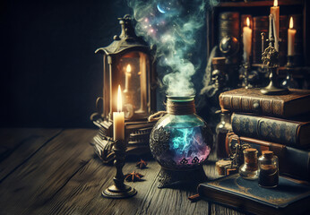 Candle and alchemist liquid decoration - obrazy, fototapety, plakaty