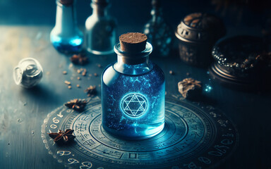 Bottle with magic liquid. Witch medieval alchemist concept - obrazy, fototapety, plakaty