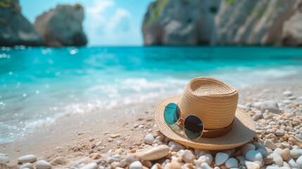 hat and sunglasses on the beach