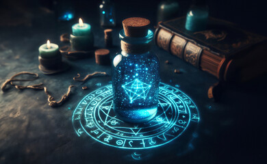 Bottle with magic liquid. Witch medieval alchemist concept