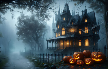 Fototapeta na wymiar Halloween dark spooky house with pumpkin on a cemetery