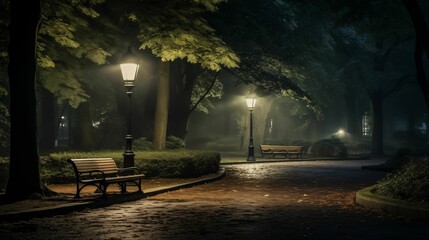 Fototapeta na wymiar Image of a night park illuminated by gentle lights.
