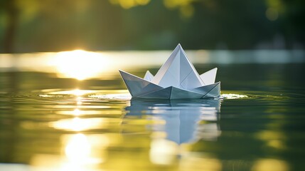 Image of a paper boat of origami floating on water.