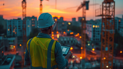 construction workers at sunset,man with helmet and yellow with cranes, using his tablet