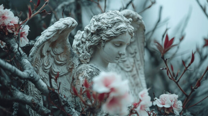 Obraz premium A solemn angel head tilted downward sitting atop a twisted tree branch and surrounded by wilted flowers.