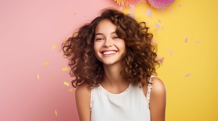 Fototapeta premium Image of a smiling teenage girl on a pastel background.