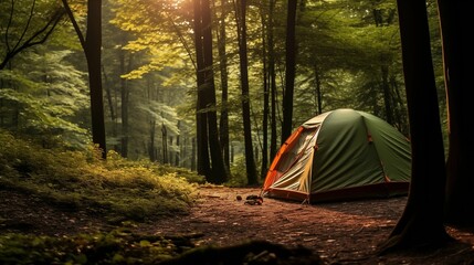Image of a tent in a green forest. - obrazy, fototapety, plakaty