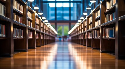 Image of an abstract, blurred empty college library interior space. - obrazy, fototapety, plakaty