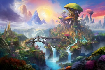 Digital painting of a beautiful fantasy landscape with a bridge over a river