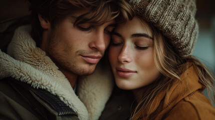 Happy couple kissing on a date outdoors on a snowy Valentine's Day.	