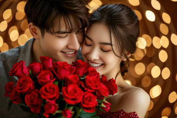 Beautiful Asian couple celebrating Valentine's Day. Gift bouquet of red roses.
