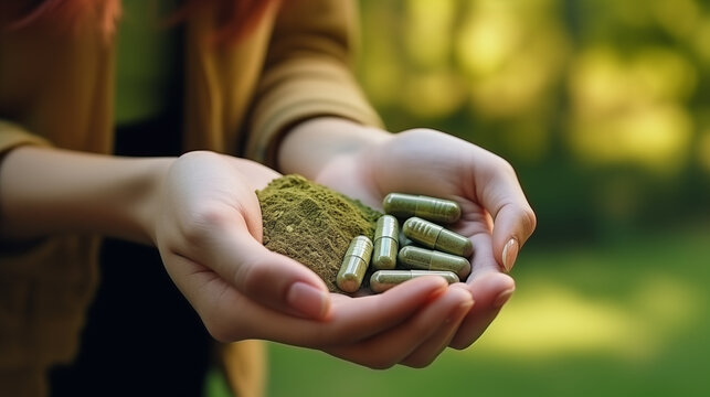 Hand holding a kratom powder and capsules (Mitragyna speciosa) on a natural background