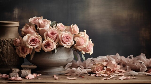 Image of dry roses on a wooden table.