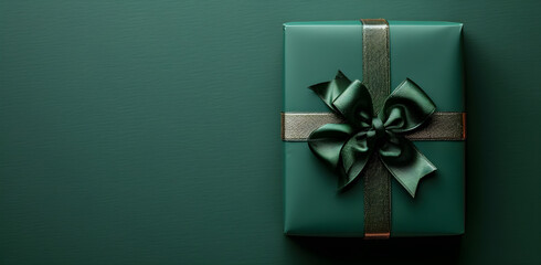 Green gift box with ribbon and bow for man and boy, isolated on green background. Suitable for holiday gifts, birthday presents, or Christmas gifts. Flat lay composition with copy space.