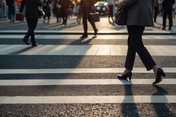 Pedestrians bustling through a busy urban street crossing, with a blurred motion effect capturing the lively city atmosphere