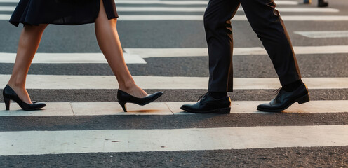 Pedestrians bustling through a busy urban street crossing, with a blurred motion effect capturing the lively city atmosphere