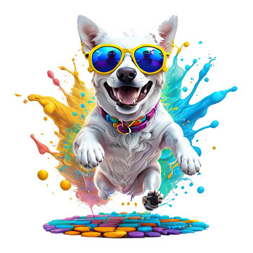 t shirt design of jumping pug dog wearing sunglass with fantasy swirls splash