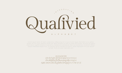 Qualivied premium luxury elegant alphabet letters and numbers. Elegant wedding typography classic serif font decorative vintage retro. Creative vector illustration