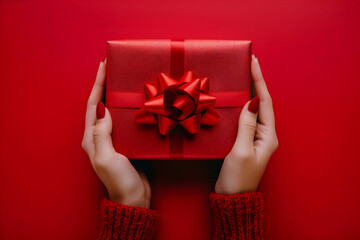 Top down view of woman's hands holding a luxury gift box with bow against a red background. Perfect for holiday gifting or special occasions.