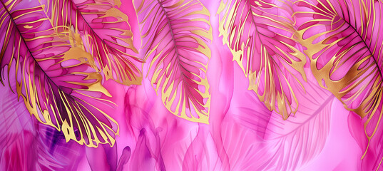 Spring pink and gold tropical leaves Monstera, palm, fern and ornamental plants backdrop. Exotic jungle rainforest background, luxury beach vacation travel web banner by Vita.