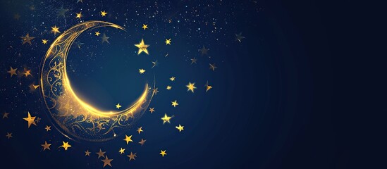 Ramadan kareem banner background, crescent moon and stars ornament on navy background