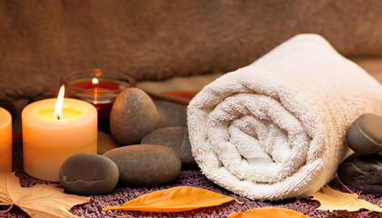 Autumn spa scene with candles, stones and towel, in earthy tones.
