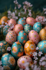Fototapeta na wymiar Hand Painted Easter Eggs Amidst Spring Flowers. AI Generative.