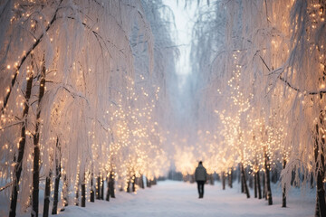 fresh and pure human with At dawn, snow-covered trees in a winter wonderland are illuminated by first light of day, creating a scene of serene amazement