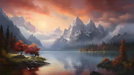 Deurstickers Beautiful panoramic view of the lake and mountains in autumn © Iman