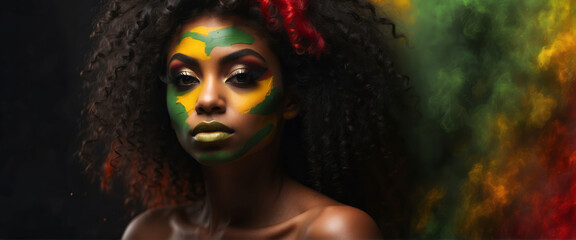 portrait of black woman with makeup red, yellow, green colors shadows and black mascara. Black history month portrait, wide banner with copy space