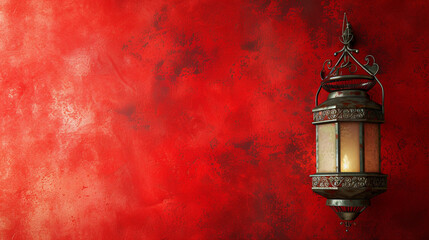 Fototapeta na wymiar side view of lantern and lentern with red background copy space
