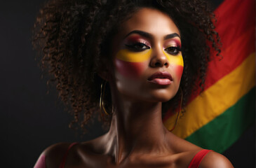 beautiful black woman with makeup red, yellow, green colors shadows and black mascara. Black history month portrait, banner with copy space