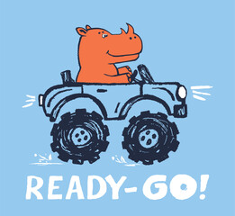Rhinoceros monster, truck funny cool summer t-shirt print design. Racing car. Speed sport buggy