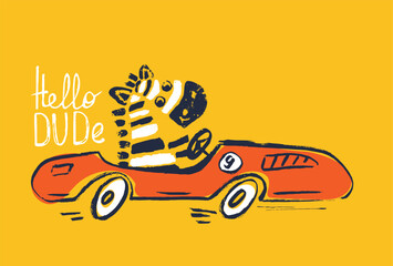 Zebra racing car funny cool summer t-shirt print design. Race speed sports cabriolet auto. Slogan. Drive safari