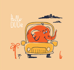 Elephant on car funny cool summer t-shirt print design. Road trip on automobile. Slogan. Drive vacation safari