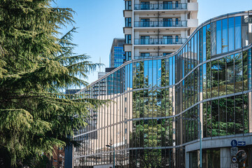 Trees reflected in one window.