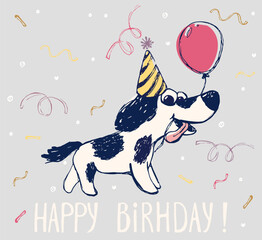 Dog birthday card cool design. Greeting post card template. Poppy date of birth. Happy birthday slogan.