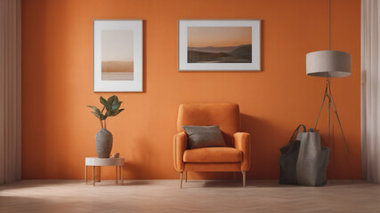 3d living room interior mockup in warm tones with armchair on empty light brown wall