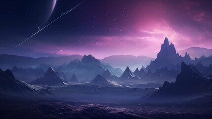Landscape mountains bathed in ethereal purple lights.