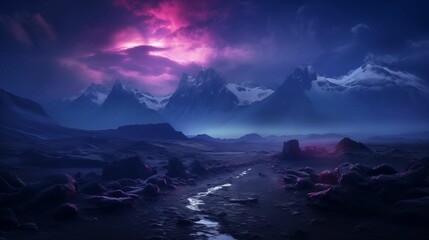 Naklejka premium Landscape mountains bathed in ethereal purple lights.