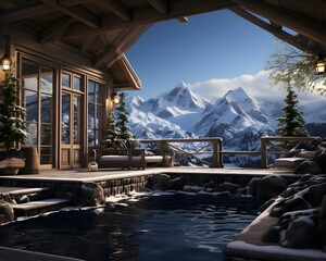 3d rendering of modern cozy chalet with pool and parking for sale or rent. Beautiful mountain...