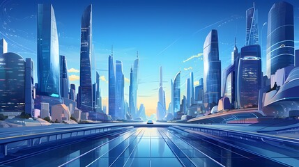Futuristic city panorama with skyscrapers and road.